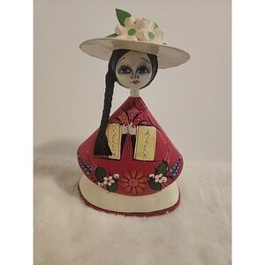 Handcrafted Mexican Folk Art Clay Doll Figurine–Braided‎ Hair Floral Hat